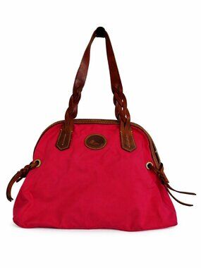 Dooney & Bourke Pink Nylon Satchel Brown Leather Trim Braided Handles Shoulder